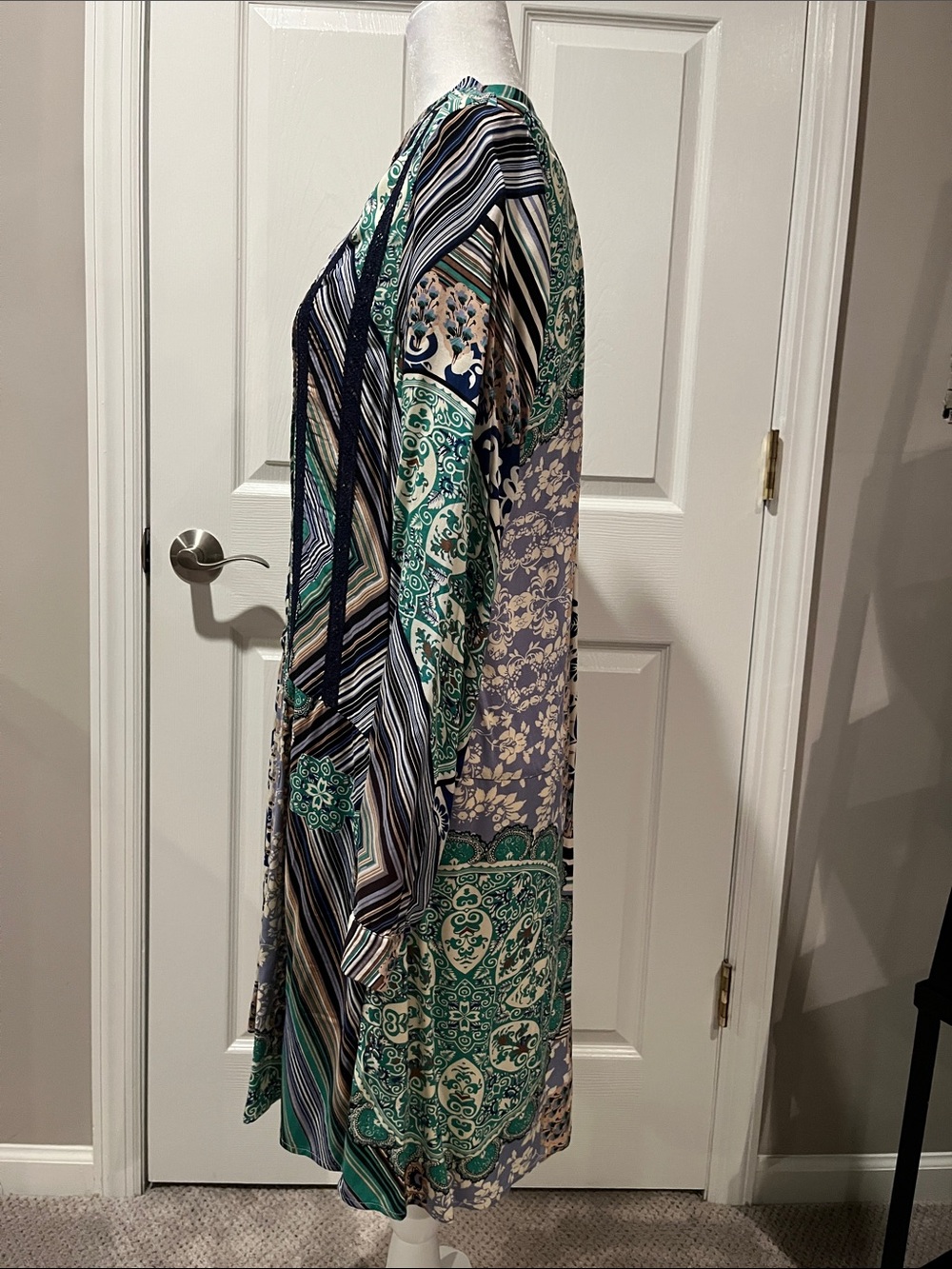 Mixed Print Long-Sleeve Dress in Green and Navy - Picture 4 of 7